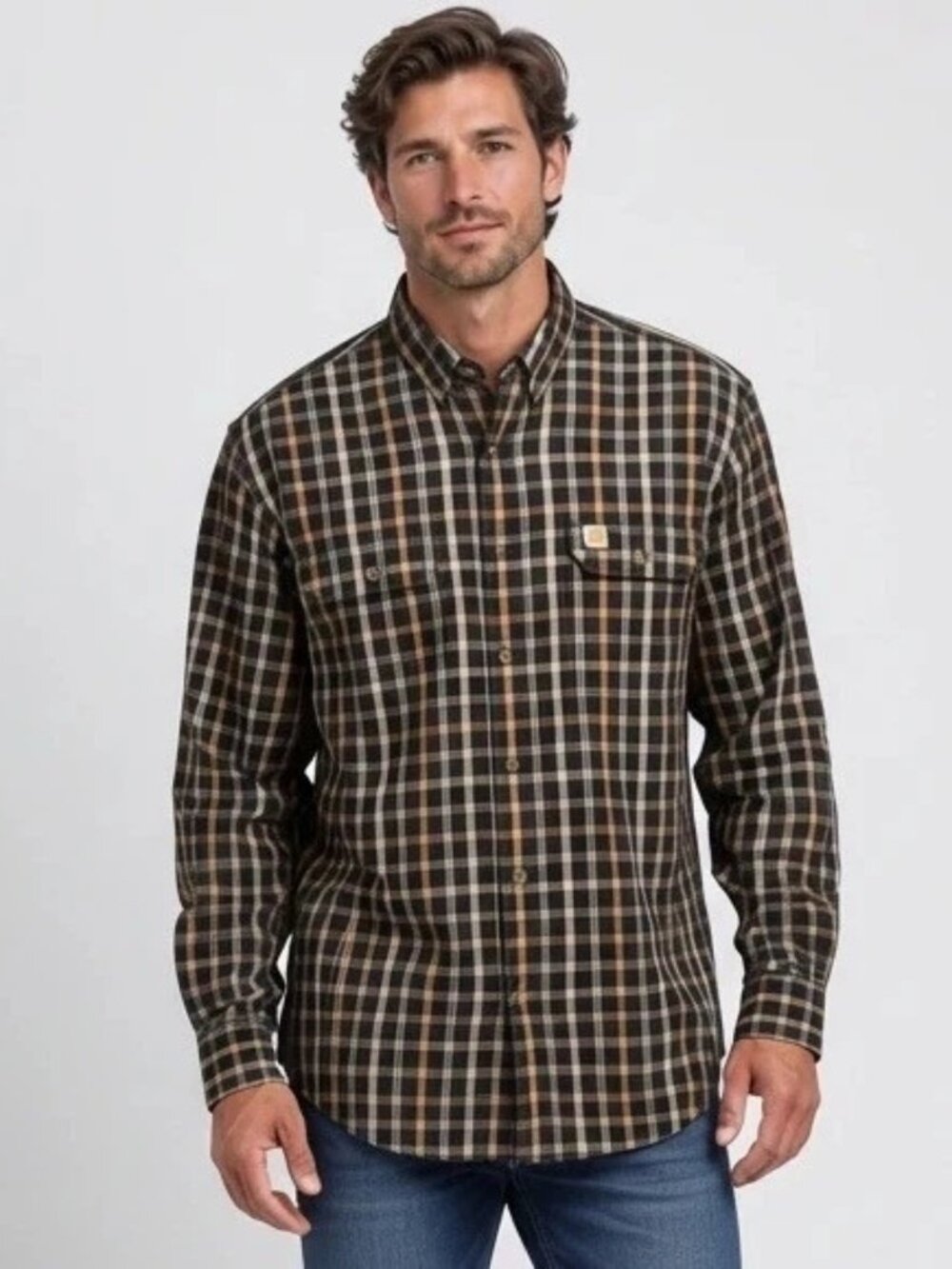 Carhartt Plaid Button Work Shirt Navy Tan Sz M Medium Relaxed Fit